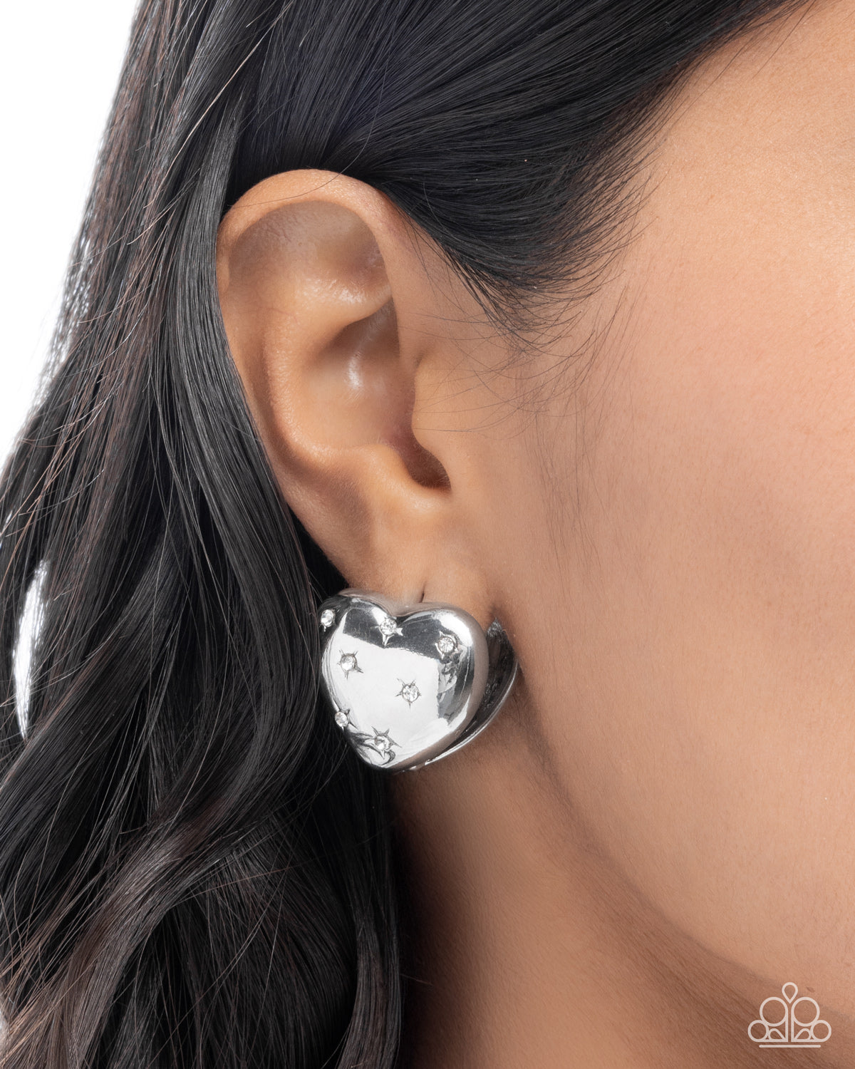 Sweetheart Stars - White Rhinestone Star Embellished Silver Heart Paparazzi Hinge Hoop Earrings
