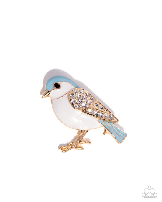Beneficial Bird - Blue/Ivory Painted Bird, White Rhinestone Embellished Wings Paparazzi Brooch