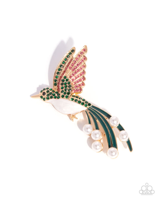 Hummingbird Homage - Green/Pink Rhinestones, White Pearl Embellished Gold Hummingbird Paparazzi Brooch
