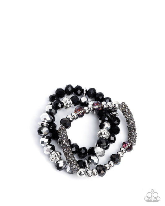 Faceted Fusion - Black & Smoky Crystal-Like Beaded Set of 3 Paparazzi Stretch Bracelets