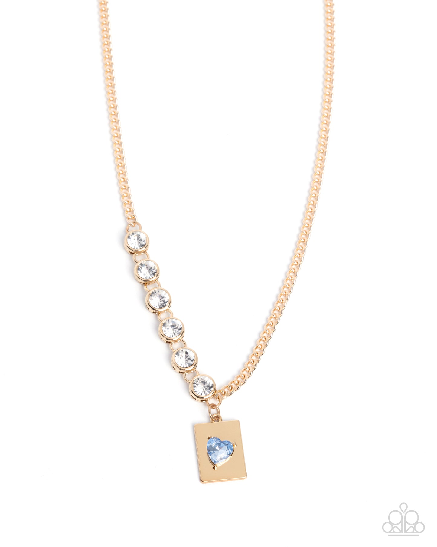 Storytelling Sweetheart - Blue Heart Gem/Gold Curb Chain/White Gems Paparazzi Necklace & matching earrings
