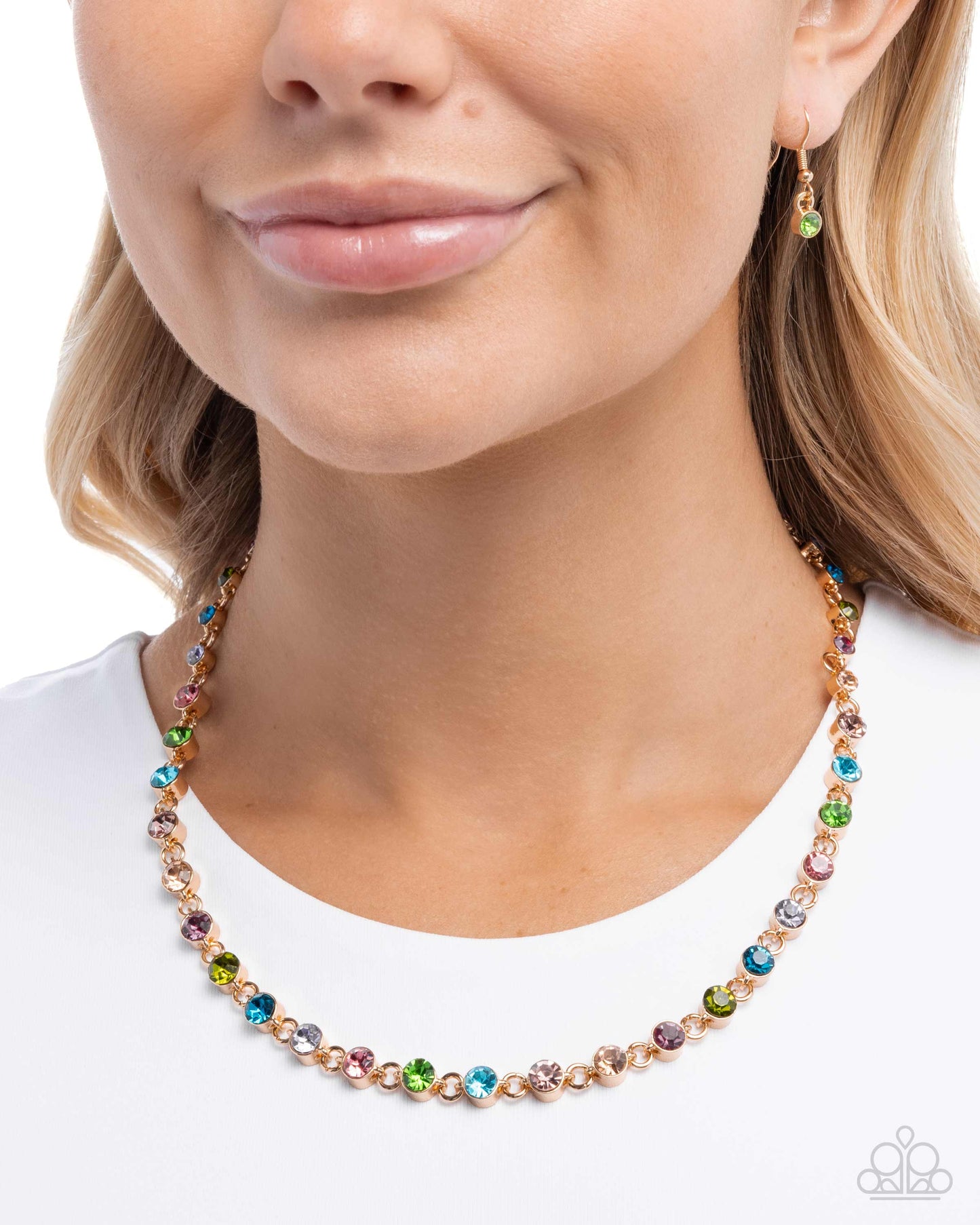 Mesmerizing Model - Multicolored Rhinestones/Gold Frames Paparazzi Necklace & matching earrings
