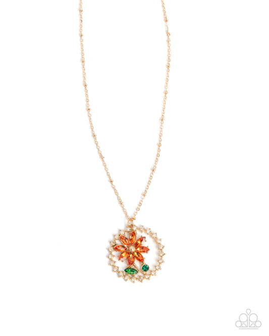 Framing Florals - Orange/Green Gem Sunflower Pendant Paparazzi Necklace & matching earrings