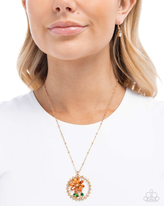 Framing Florals - Orange/Green Gem Sunflower Pendant Paparazzi Necklace & matching earrings
