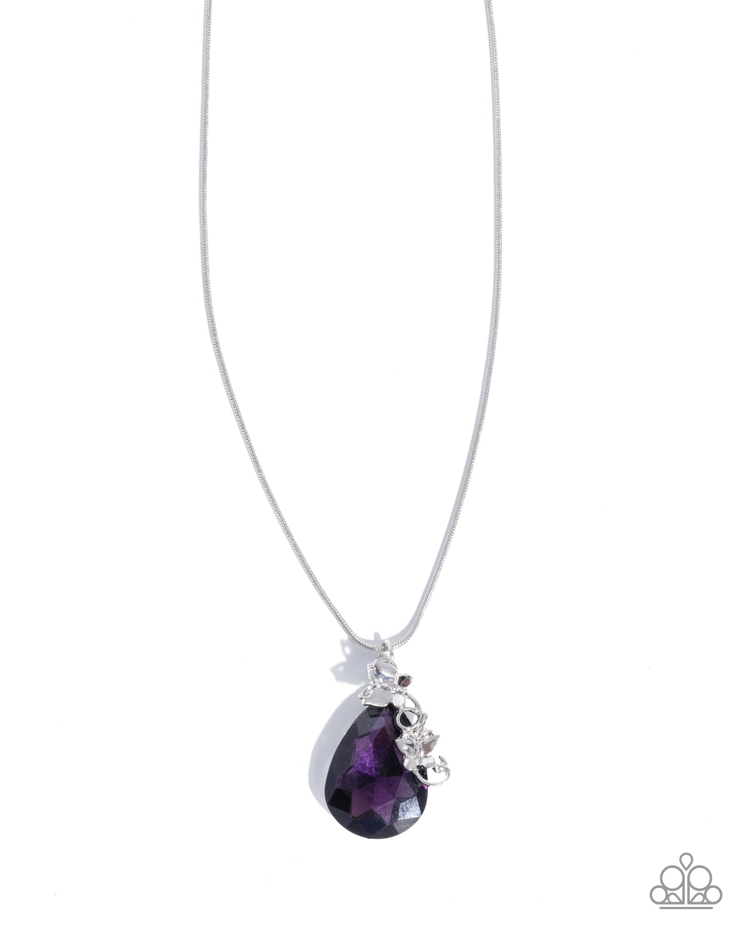 Teardrop Transformation - Purple Oversized Gem/Silver Butterflies Paparazzi Necklace & matching earrings