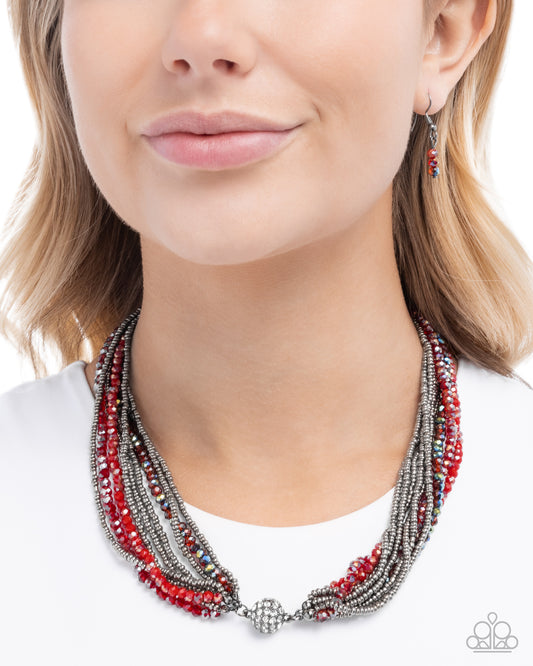 Rushing Radiance - Red/Gunmetal/Hematite Beaded Paparazzi Necklace & matching earrings