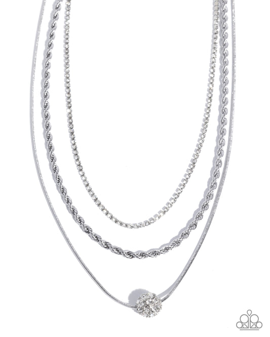 True Love Tiers - White Rhinestone/Mismatched Silver Chains Paparazzi Necklace & matching earrings