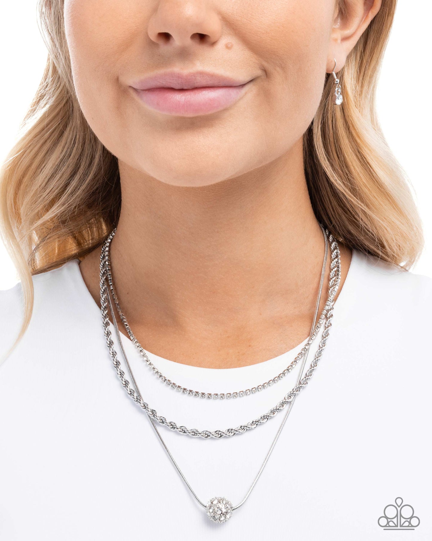 True Love Tiers - White Rhinestone/Mismatched Silver Chains Paparazzi Necklace & matching earrings