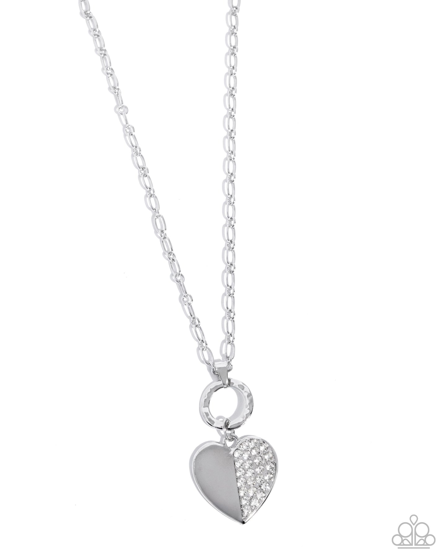 Half-Hearted Hangout - White Rhinestone Embellished Heart Pendant Paparazzi Necklace & matching earrings
