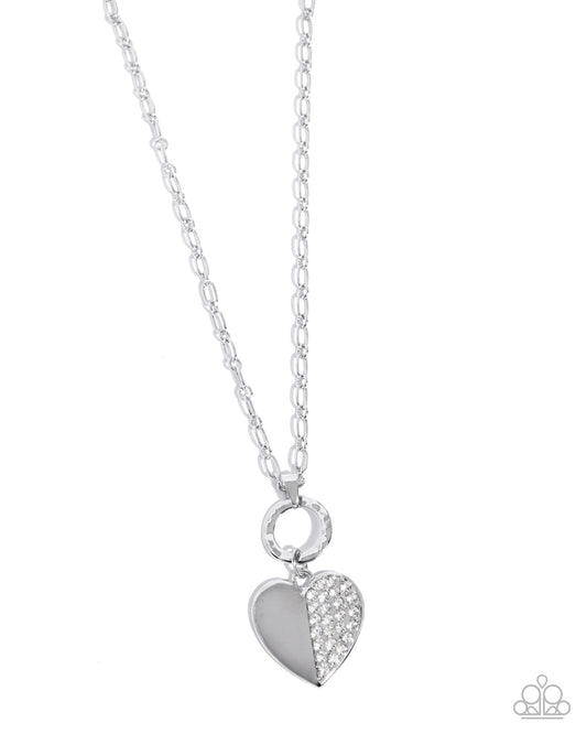 Half-Hearted Hangout - White Rhinestone Embellished Heart Pendant Paparazzi Necklace & matching earrings