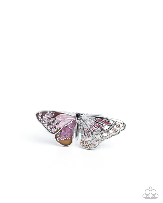 Carefree Canvas - Brown Paint/Pink Rhinestone Embellished Silver Butterfly Ring