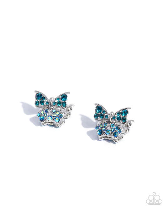 Aerial Apprentice - Blue Iridescent Rhinestone Embellished Silver Butterfly Hinge Earrings