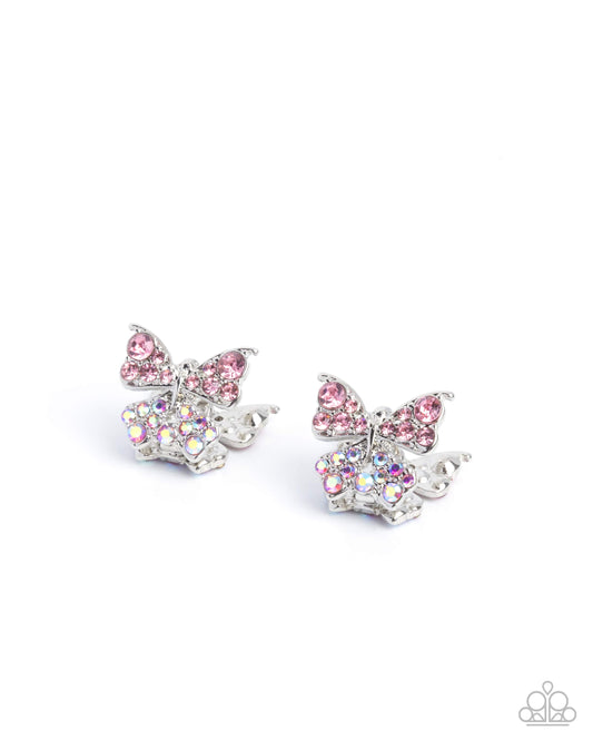Aerial Apprentice - Pink Iridescent Rhinestones/Silver Butterfly Paparazzi Hinge Hoop Earrings
