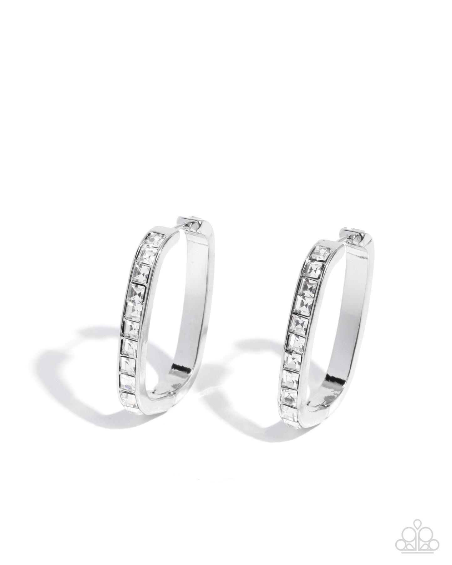 Encased Elevation - White Square Gem Embellished Silver Rectangular Hoop Paparazzi Earrings