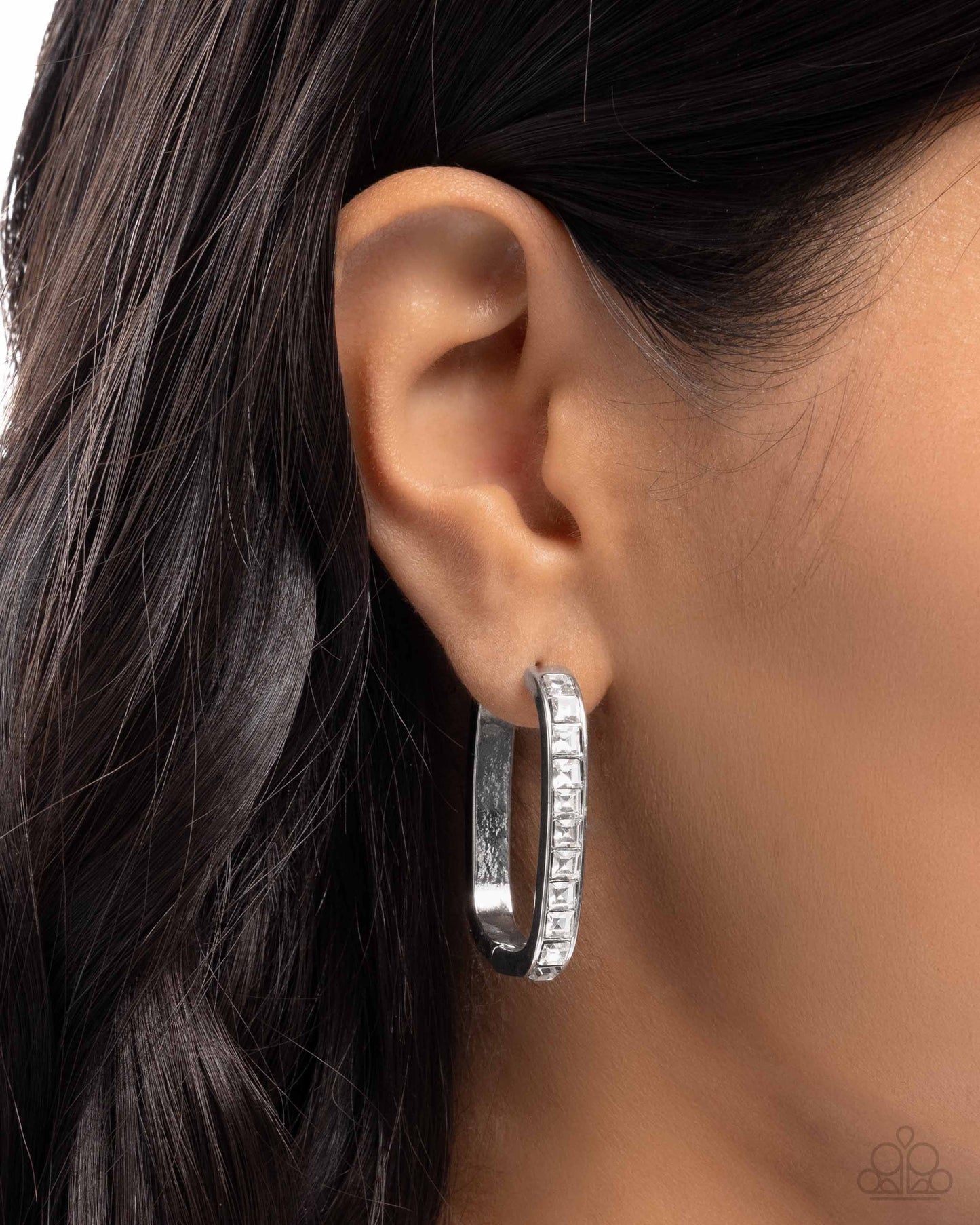 Encased Elevation - White Square Gem Embellished Silver Rectangular Hoop Paparazzi Earrings