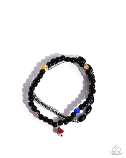 Malibu Mashup - Black/Multicolored Beads, Mushroom Charm, & Silver Discs Set of 2 Paparazzi Stretch Bracelets