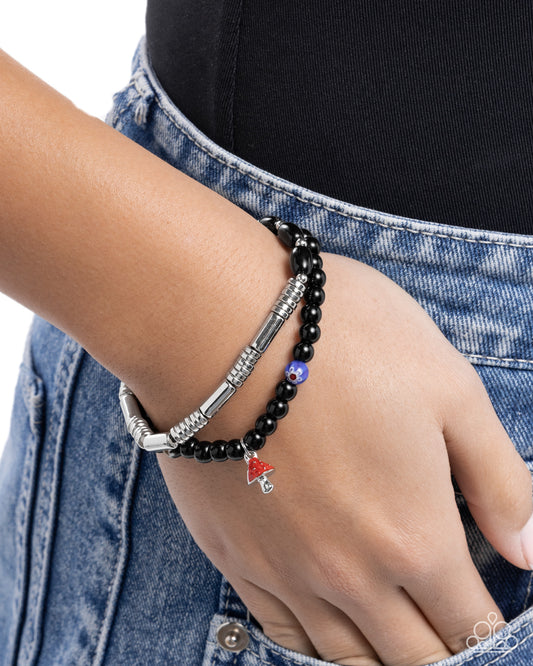 Malibu Mashup - Black/Multicolored Beads, Mushroom Charm, & Silver Discs Set of 2 Paparazzi Stretch Bracelets