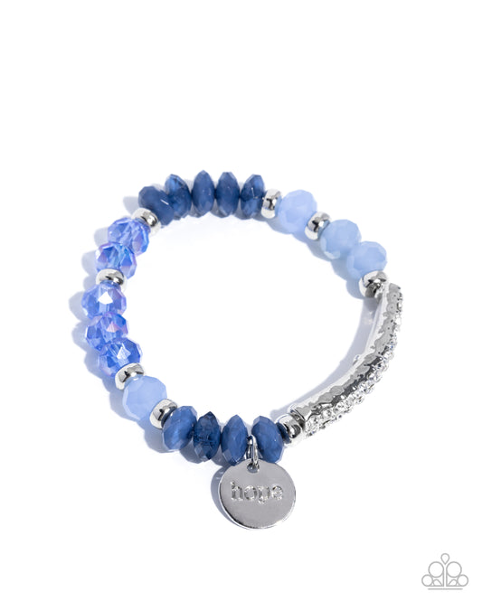 Handcrafted Hope - Blue Beads/Silver Discs/Silver "hope" Stamped Charm Paparazzi Stretch Bracelet