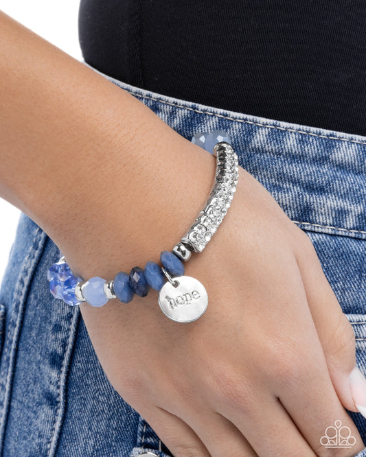Handcrafted Hope - Blue Beads/Silver Discs/Silver "hope" Stamped Charm Paparazzi Stretch Bracelet