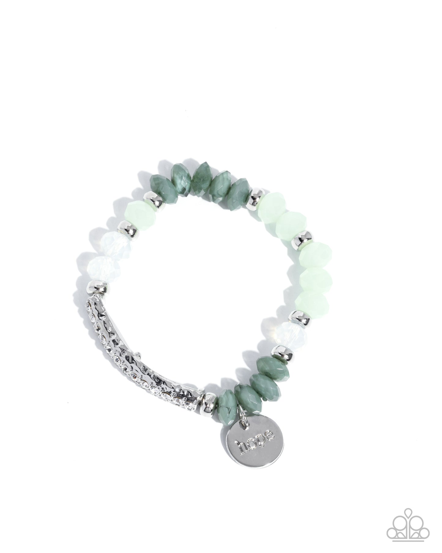 Handcrafted Hope - Green Beads, Silver Discs, Curved Silver Accent, "HOPE" Charm Paparazzi Stretch Bracelet