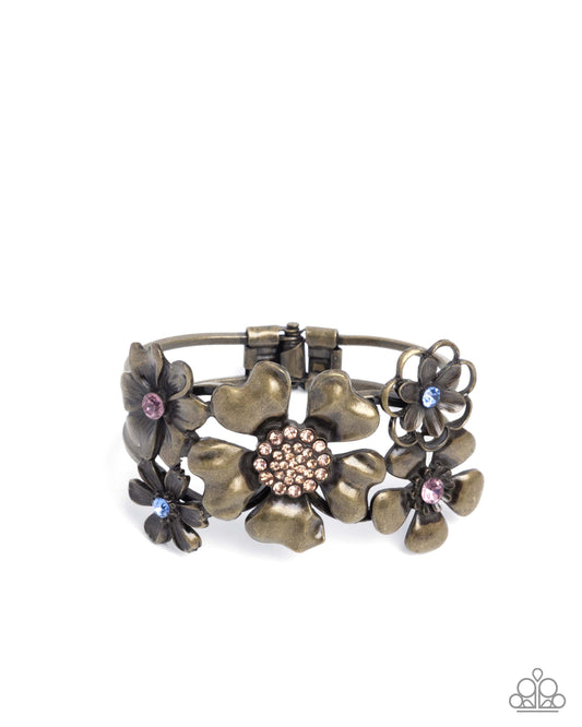 Bursting Bouquet - Brass Oversized Flowers/Multicolored Rhinestone Centers Paparazzi Hinge Bracelet