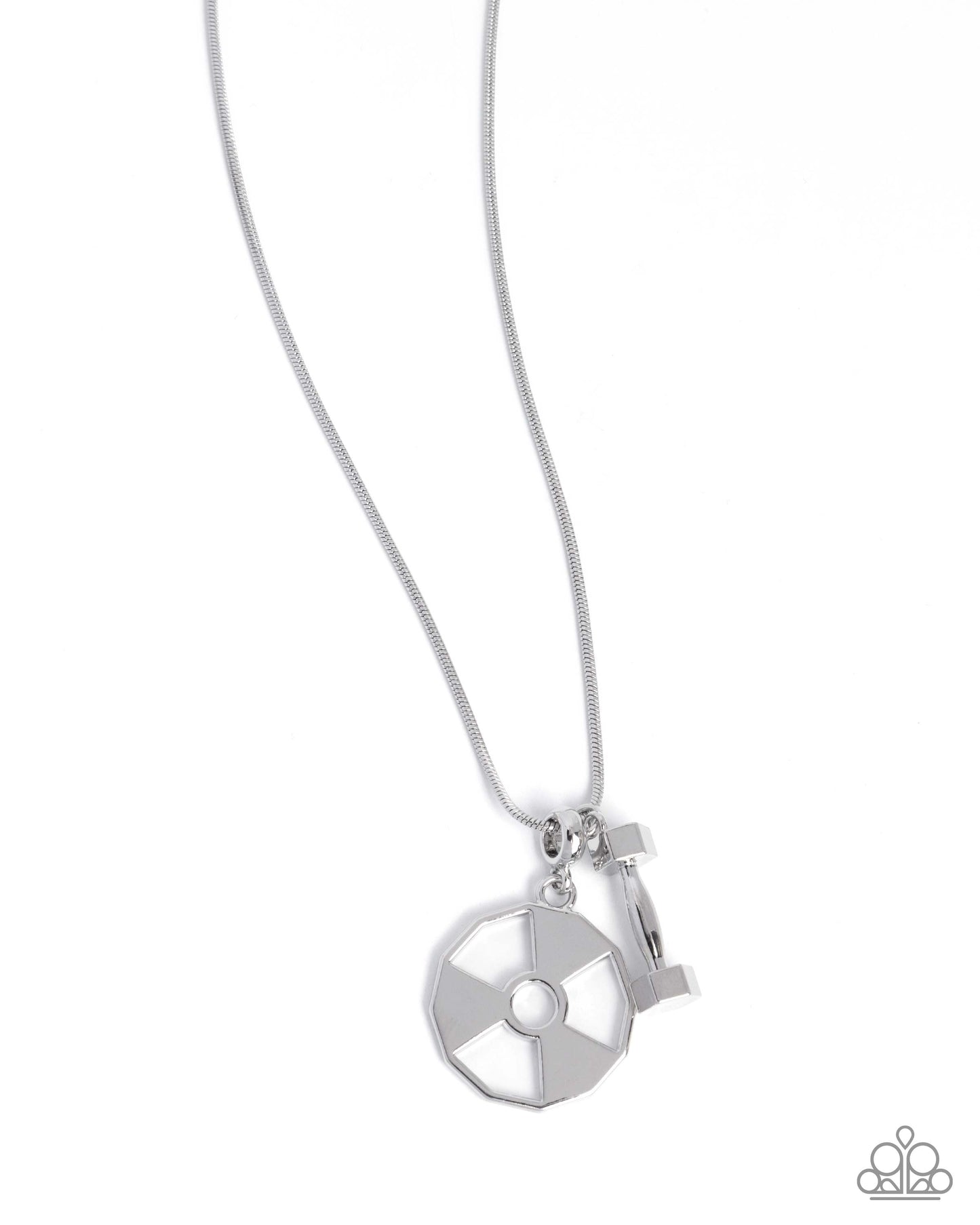 Weighted Welcome - Silver Snake Chain/Silver Dumbbell/Weighted Plate Pendant Paparazzi Men's Necklace