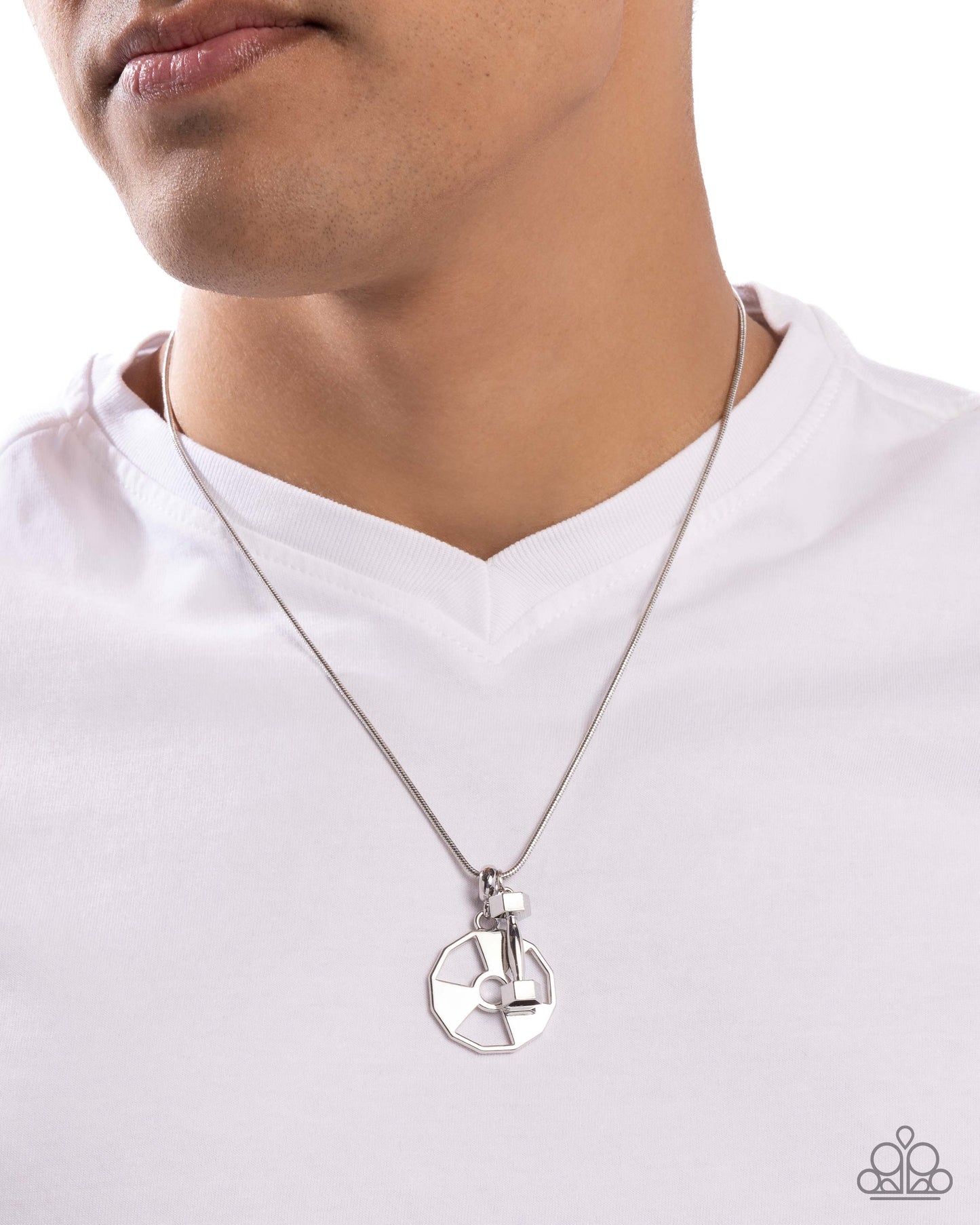 Weighted Welcome - Silver Snake Chain/Silver Dumbbell/Weighted Plate Pendant Paparazzi Men's Necklace