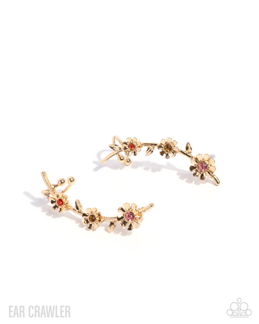 Blooming Boulevard - Gold & Rhinestone Flowers Paparazzi Ear Crawler Earrings