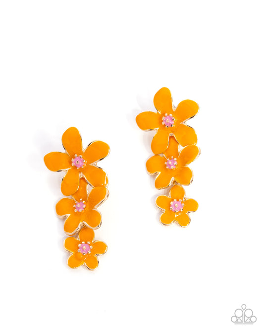 Crack of BLOOM - Orangeade Painted Silver Flower Paparazzi Earrings