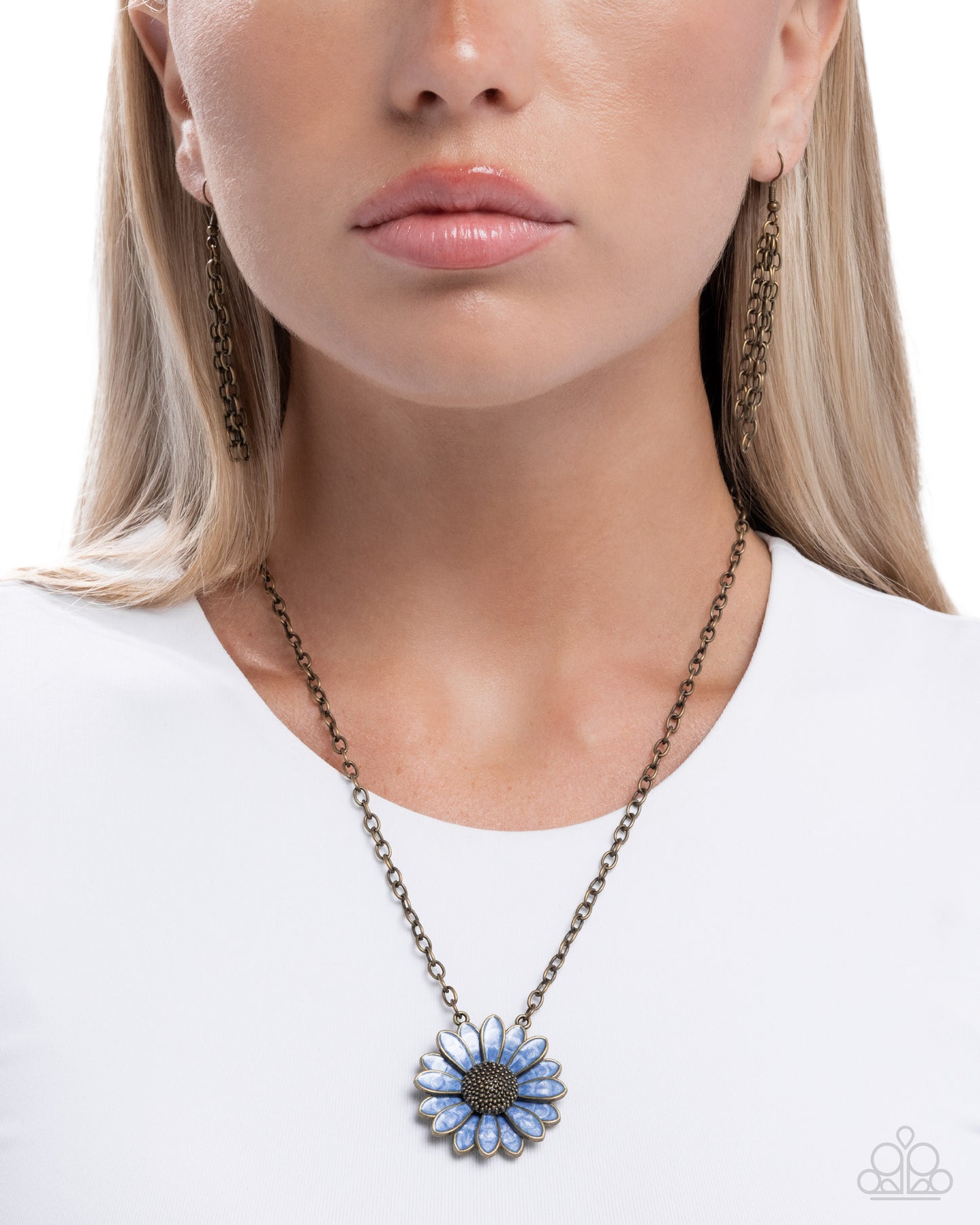 Parisian Posy - Brass/Light Blue Daisy Pendant Paparazzi Necklace & matching earrings