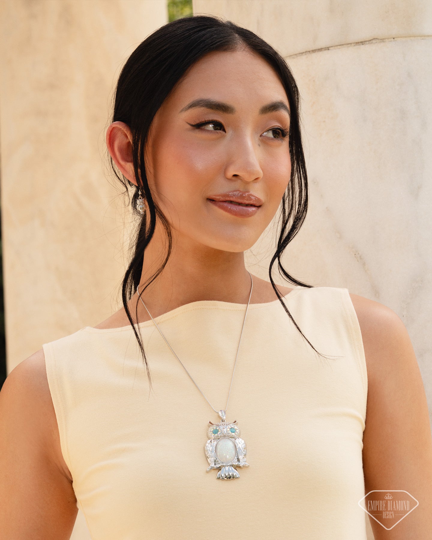 Nobly Nocturnal - Multicolored Rhinestones/Silver Oversized Owl Pendant Paparazzi Necklace & matching earrings