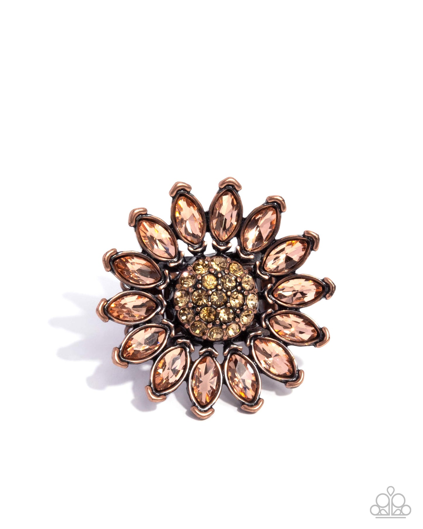 Sunflower Setting - Copper Antiqued Frame/Peach Rhinestone Petals/Topaz Rhinestone Center Paparazzi Ring