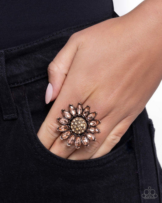 Sunflower Setting - Copper Antiqued Frame/Peach Rhinestone Petals/Topaz Rhinestone Center Paparazzi Ring