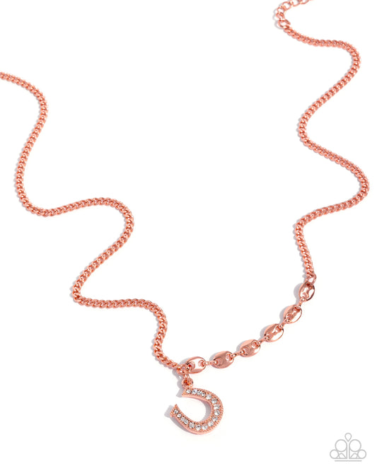 Horseshoe Headline - Copper/White Rhinestone Embellished Horseshoe Pendant Paparazzi Necklace & matching earrings