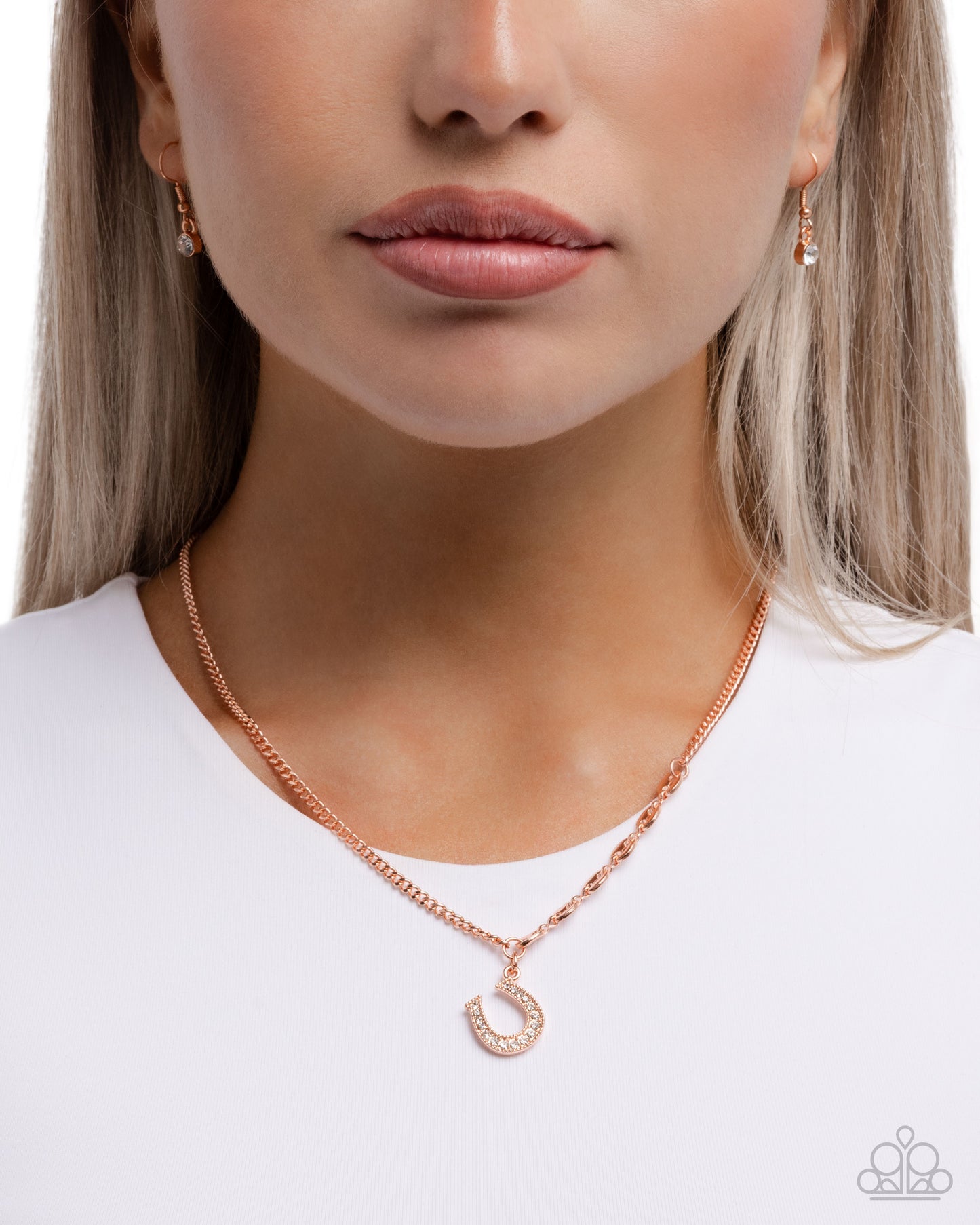 Horseshoe Headline - Copper/White Rhinestone Embellished Horseshoe Pendant Paparazzi Necklace & matching earrings
