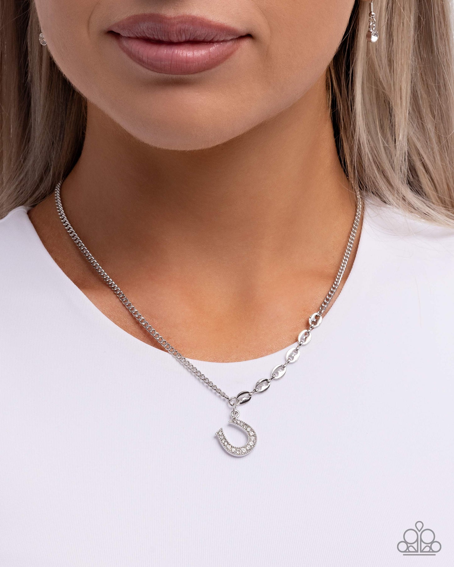 Horseshoe Headline - White Rhinestone Embellished Horseshoe Charm Paparazzi Necklace & matching earrings