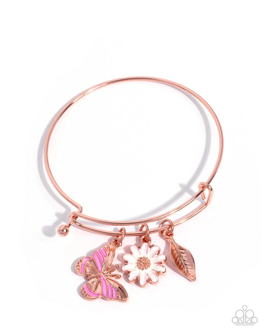 Feminine Fate - Copper Bangle/Pink Butterfly, White Flower, Copper Leaf Charms Paparazzi Bracelet