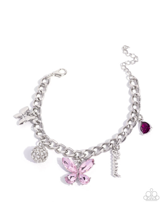 Luminous Lift - Pink Butterfly/Pink Gem/Rhinestone Encrusted Sphere/Silver "Blessed" Charm Paparazzi Bracelet