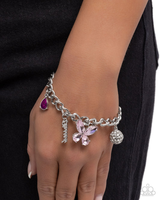 Luminous Lift - Pink Butterfly/Pink Gem/Rhinestone Encrusted Sphere/Silver "Blessed" Charm Paparazzi Bracelet