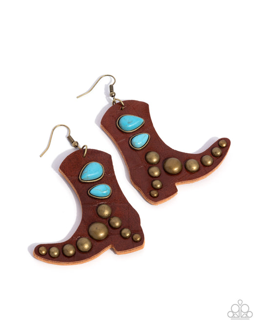 These Boots Were Made for Dancing - Brown Leather Cowboy Boots/Turquoise & Brass Accents Paparazzi Earrings