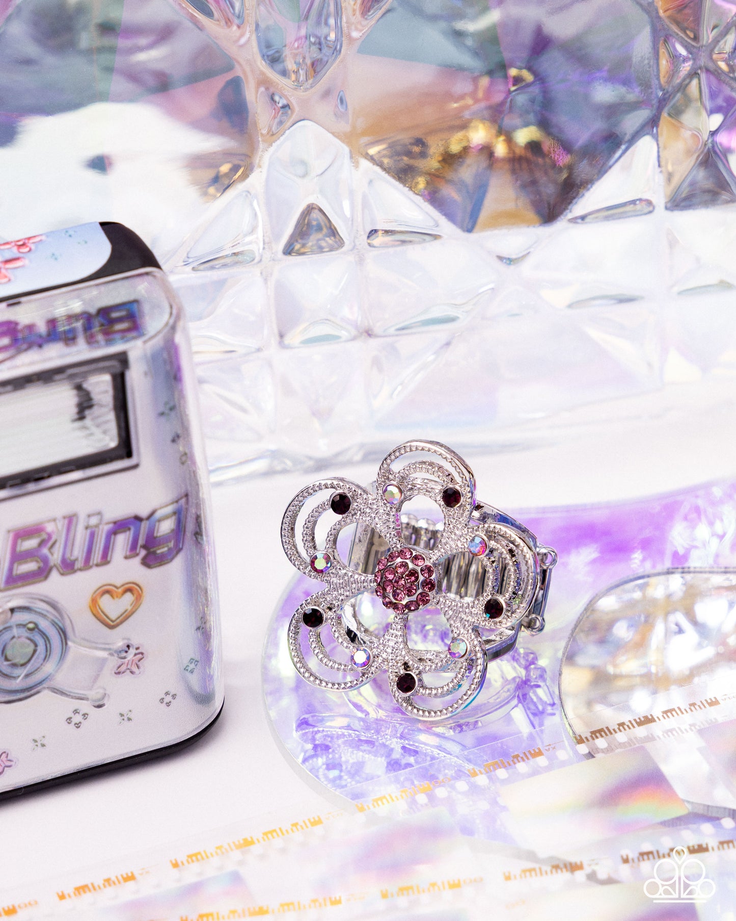 Still Studs - Purple Iridescent Rhinestones/Silver Flower Paparazzi Ring
