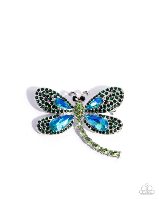Divine Dragonfly - Green & UV Rhinestone Encrusted Silver Dragonfly Paparazzi Brooch