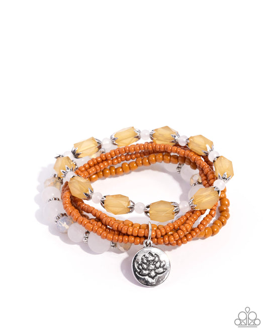 Lotus Moment - White/Peach Beads, Brown Seed Beads/Silver Lotus-Embellished Disc Set of 3 Paparazzi Stretch Bracelets