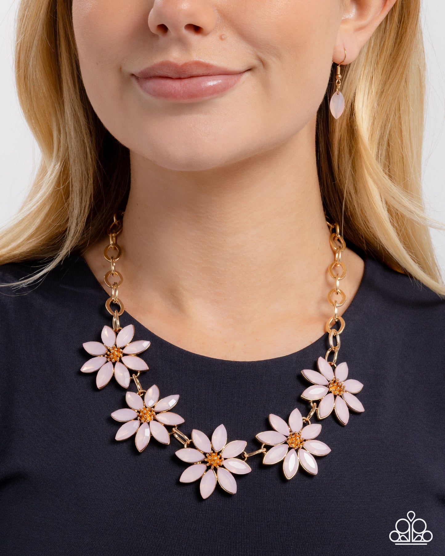 First Date Flowers - Pink Opalescent Beaded Oversized Gold Flower Paparazzi Necklace & matching earrings