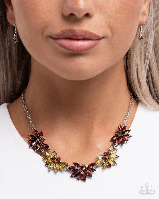 Springtime Season - Brown/Yellow Rhinestone Floral Inspired Paparazzi Necklace & matching earrings