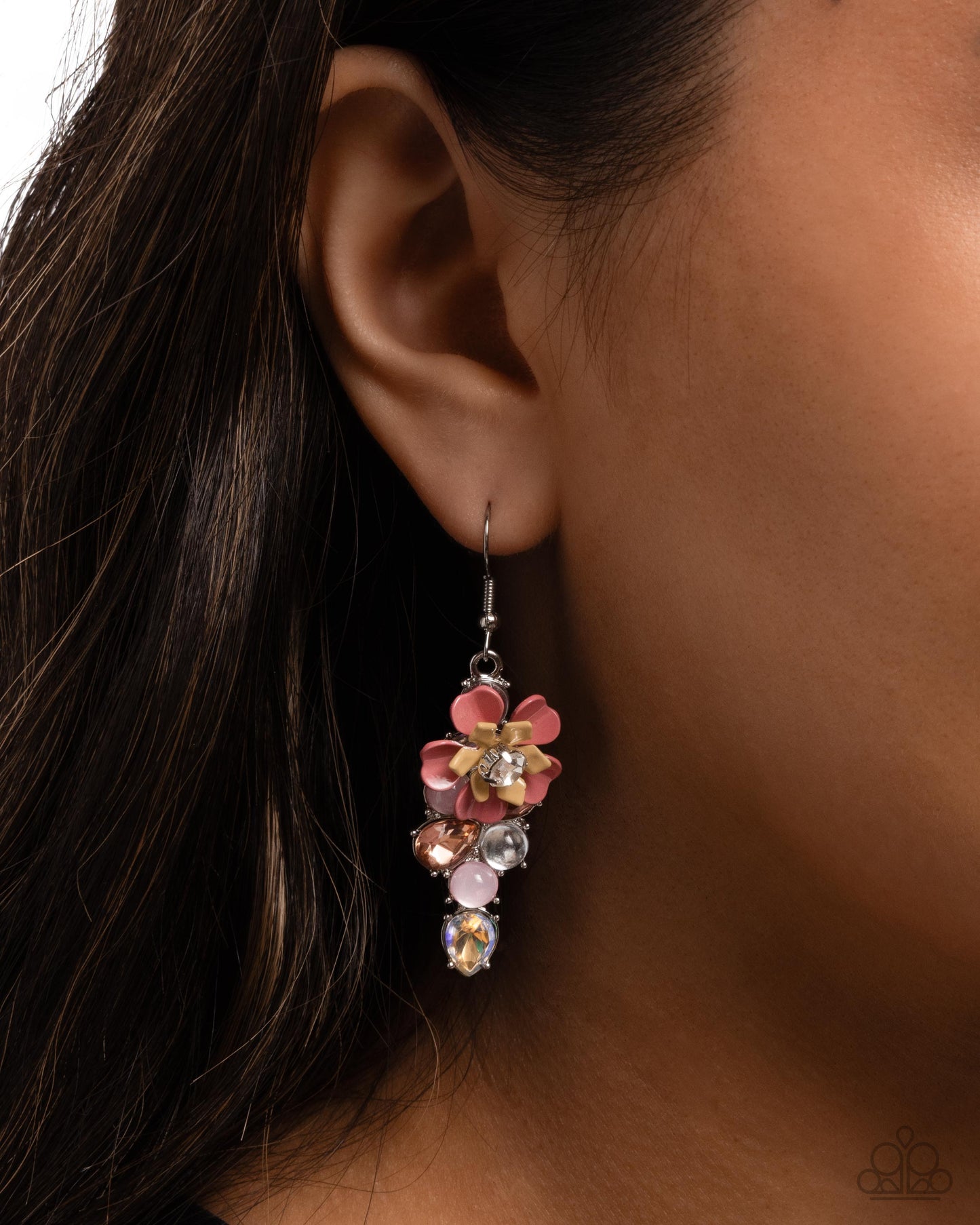 Blooming Ballad - Pink Flowers/Multicolored Gems Paparazzi Earrings