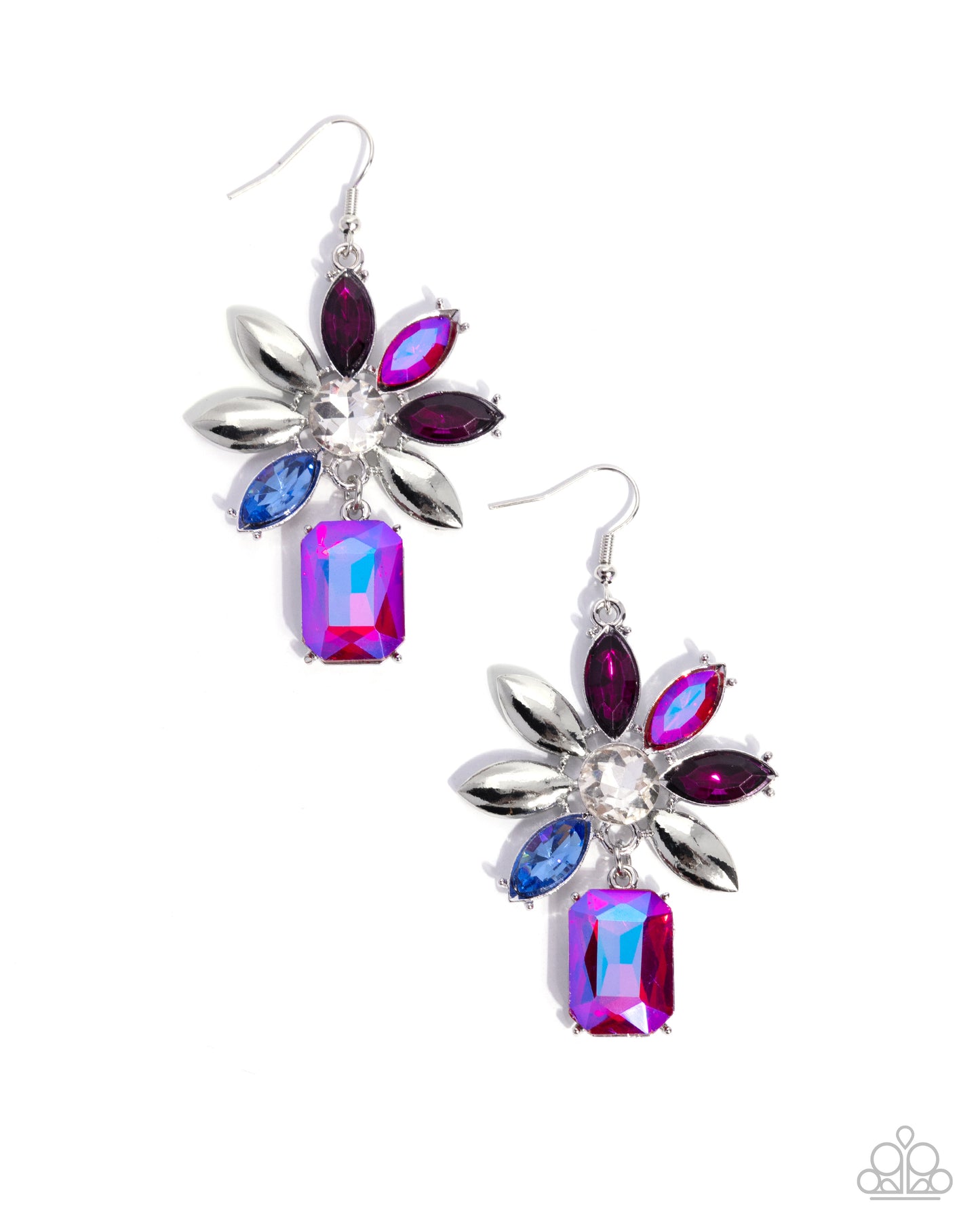 Meaningful Masterpiece - Pink Iridescent/Blue/Silver Flower & White Rhinestone Center Paparazzi Earrings