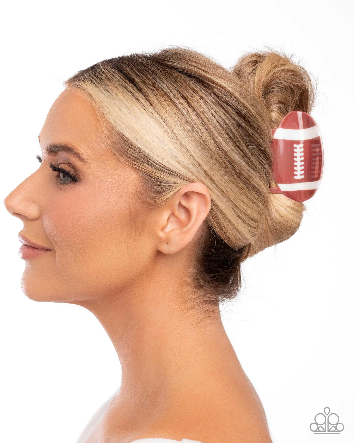 Touchdown Tale - Brown & White Acrylic Football Paparazzi Hair Claw Clip