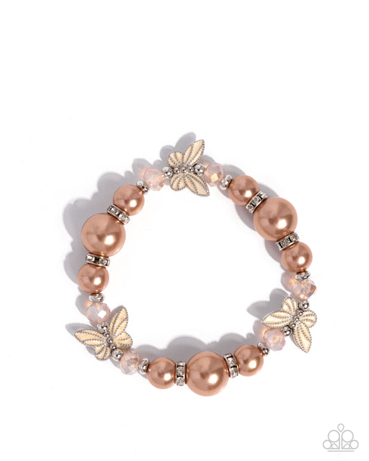 Soaring Sheen - Brown Pearls/Silver Beads/Peach Painted Butterflies Paparazzi Stretch Bracelet
