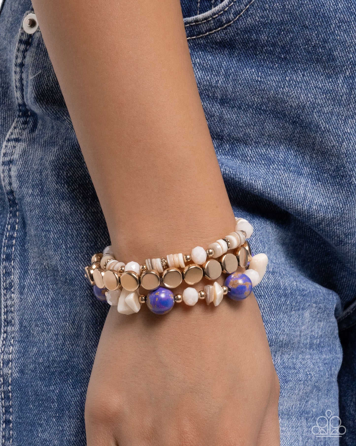 Earthy Entertainer - Purple Stone & Gold Beads/Chiseled Natural Stone Shells Paparazzi Set of 3 Stretch Bracelets
